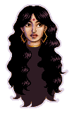 pixel portrait of a lady with olive skin, long wavy black hair, gold diamond-shaped hoop earrings, gold collar necklace, red bindi